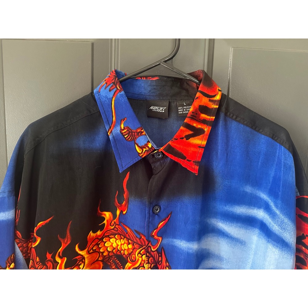 Amplify Mens Dragon Graphic Print Button Up Shirt Blue‎ Black Fire Y2K Large
